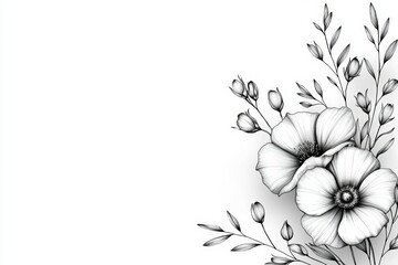 A black and white drawing of a flower with a white background