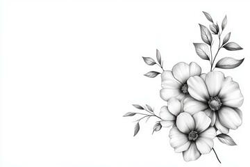 A black and white drawing of a flower with a white background