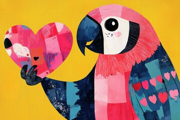 Fototapeta premium Colorful parrot holding heart art illustration vibrant background