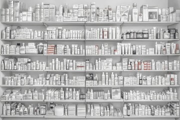 Full shelves of various medications and healthcare products in a pharmacy.