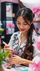 Beautiful young Asian manicurist working in beauty salon and applying nail polish, papercraft, with white tones