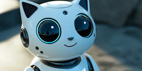 A cute robot cat with large black eyes and a round white body, generative AI