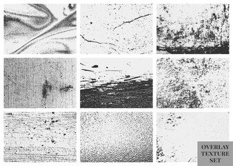 Overlay textures set with grunge effect, featuring old damage, dirty grainy scratches. A collection of different distressed black grain textures for creative design.