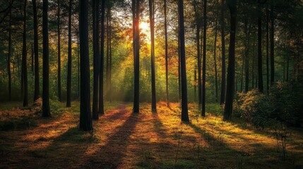 Obraz premium Sandalwoods. A serene forest scene with sunlight filtering through trees, creating beautiful patterns and warm highlights on the forest floor.