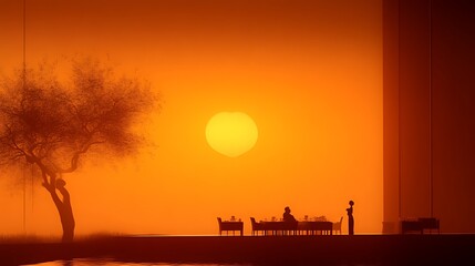 Sunset silhouettes of people dining outdoors.