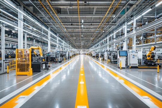 Modern automated factory interior with robotic arms and assembly lines.