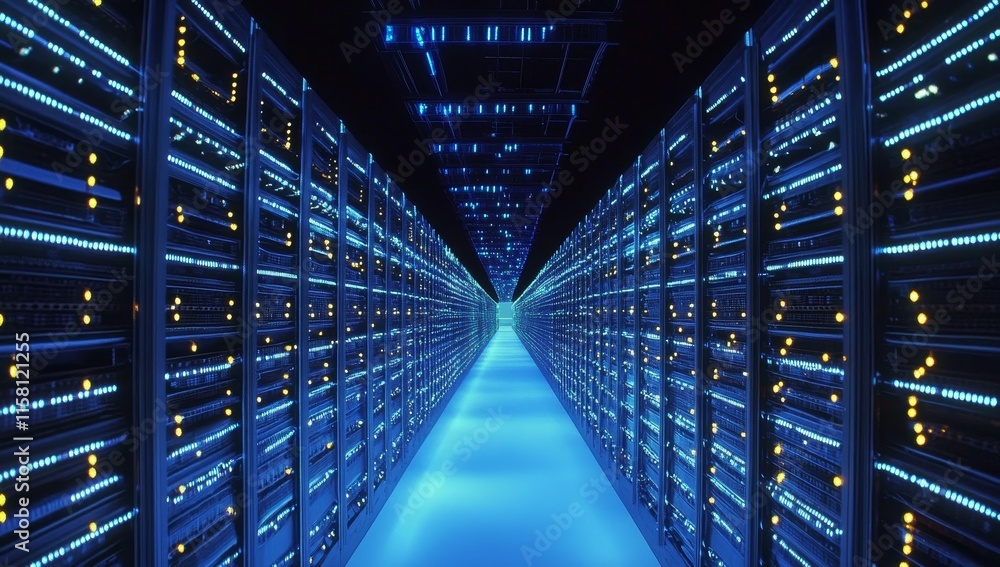 Poster dark server room with rows of lit racks and blue floor lighting.