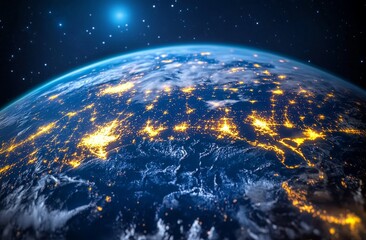 Obraz premium Night view of Earth from space showing city lights and stars.