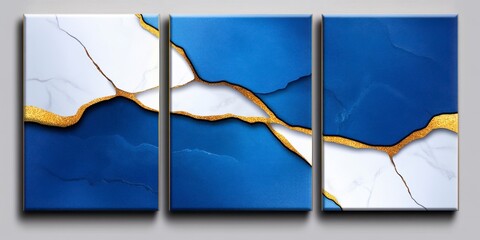 Abstract Art Panel with Blue and Gold Cracks on White Background