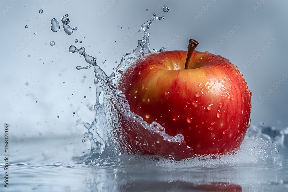 Aufkleber red apple splashing into water: an up close view of a fruit dropping into water, creating a stunning