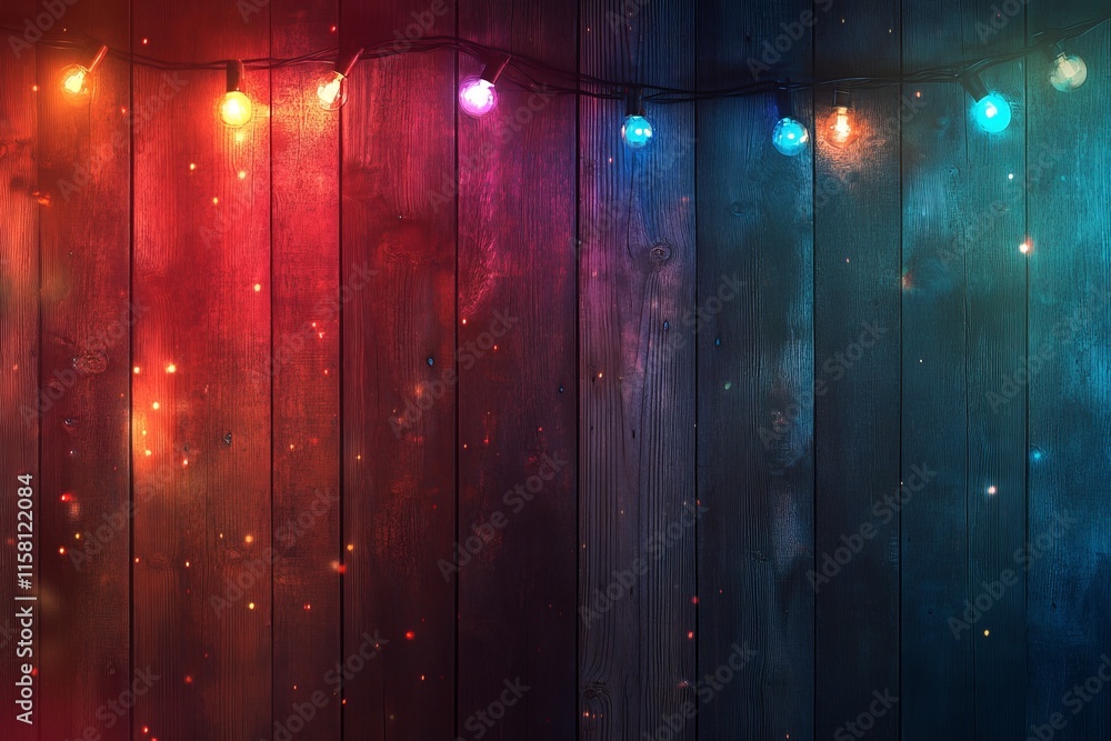 Poster colorful string lights illuminate a rustic wooden wall, creating a festive, atmospheric backdrop.