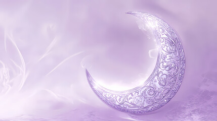 Lavender & silver islamic motifs soft lavender background with silver islamic patterns and a gently glowing crescent moon. Crescent. Illustration