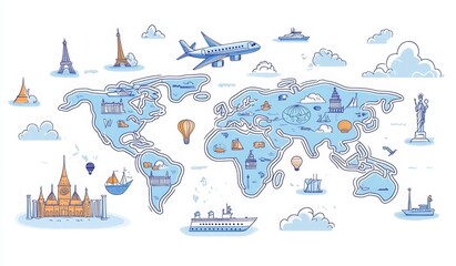 World map illustration with travel icons, depicting airplanes, ships, landmarks, and hot air balloons.