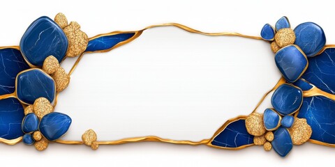 Elegant Blue and Gold Frame with Decorative Stones and Blank Space
