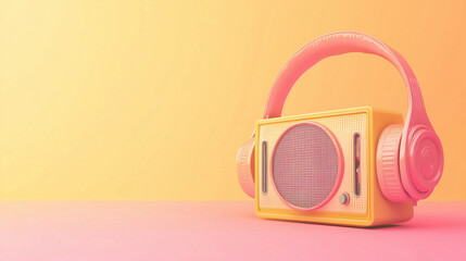 World Radio Day gradient banner, soft pink to bright yellow color gradient, small vintage radio icon with headphones in the bottom corner, Ai generated images