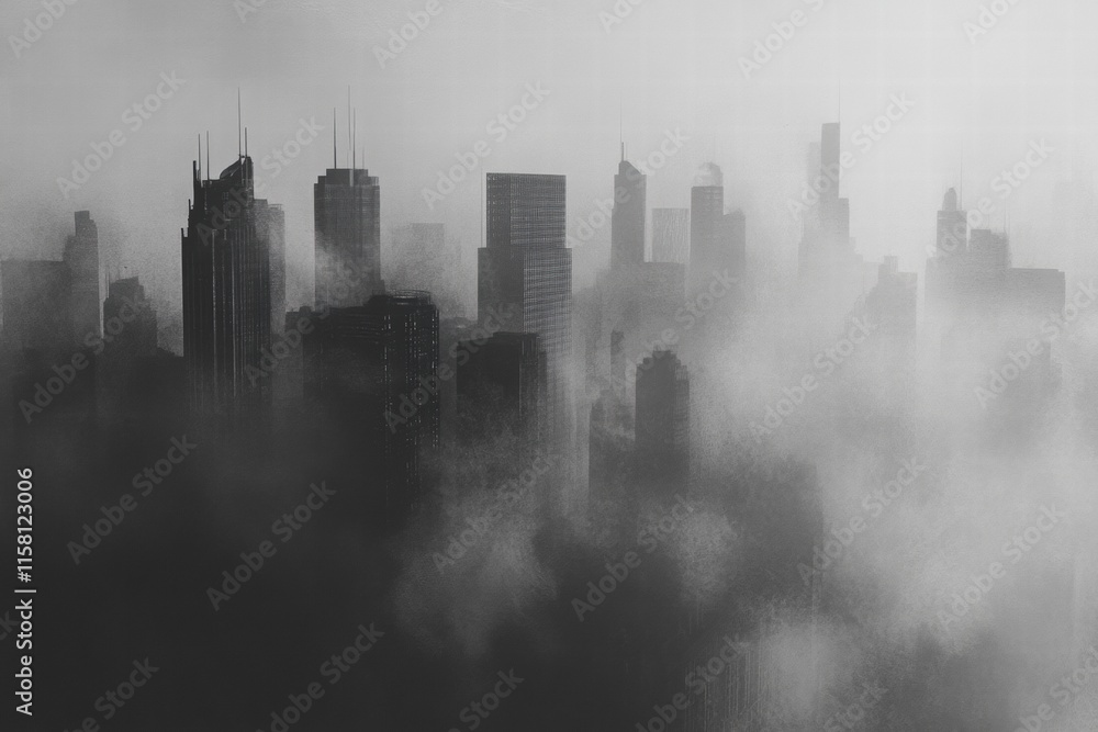 Poster dense smog blankets city skyline, obscuring buildings and creating a mysterious atmosphere at dusk. 
