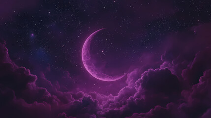Purple night sky with crescent moon and stars illustration. Crescent. Illustration