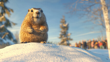 Obraz premium a groundhog stands in a funny pose on a small snowy hill, the winter sun shines dimly in the blue sky, Ai generated images