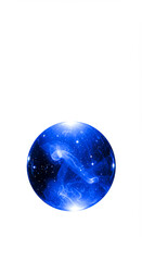 Crystal ball glowing with a vibrant blue light, surrounded by swirling mist and set against a starry night sky
