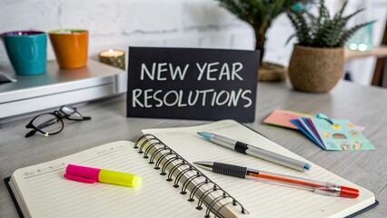 A close-up of an open notebook ready for writing New Year's resolutions, with a sign in the background.
