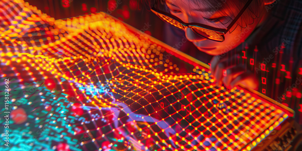 Poster person interacting with illuminated grid display