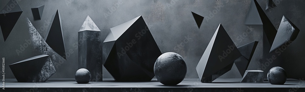 Poster Dark abstract background with geometric shapes and spheres.