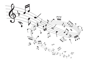 螺旋状にひろがる楽譜：五線譜の周りを舞う音符のベクターイラスト