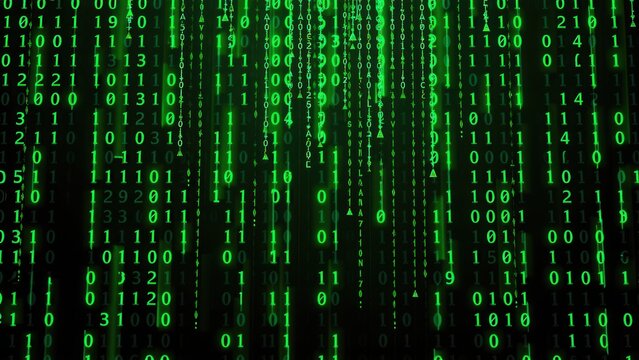 "Vibrant green binary code swirls across a dark canvas, forming intricate rows and columns that stretch from left to right."