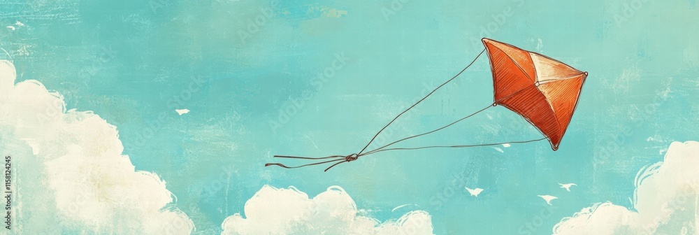 Poster Kite soaring high in a bright sky with playful clouds and ample space for creativity. Generative AI