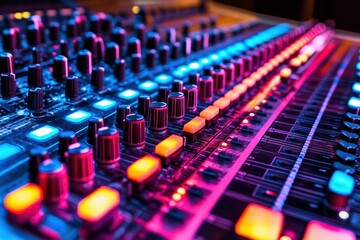 Fototapeta premium Close-up of a vibrant sound mixing console with illuminated buttons and knobs. Perfect for music, technology, or audio production projects.