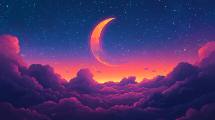 Ethereal starry night with a crescent moon over clouds, radiant constellations, dreamlike atmosphere, celestial fantasy landscape. Crescent. Illustration