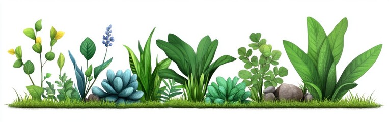 Vibrant Green Plants with Colorful Flowers and Textured Rocks Illustration