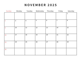 Minimalist November 2025 calendar design vector illustration. Perfect for planners, organizers, or scheduling purposes.