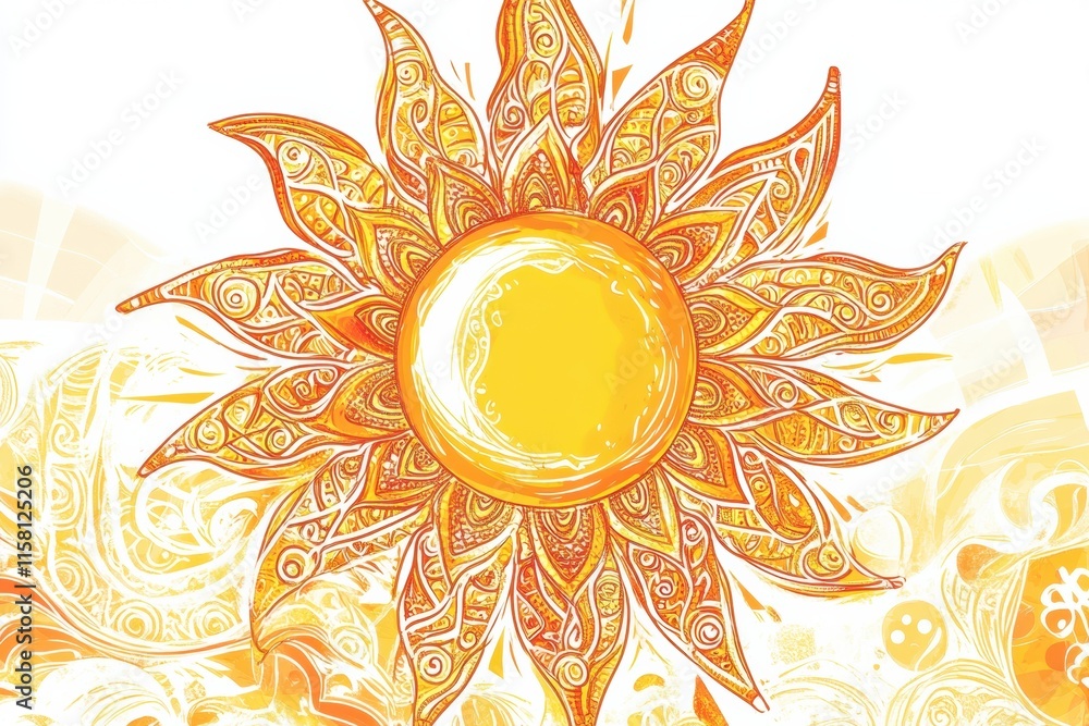 Poster bright doodle of a sun with pancake like rays showcasing vibrant colors and intricate patterns durin