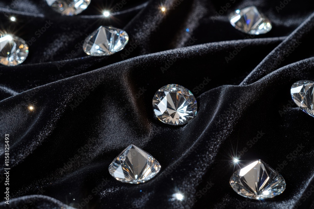 Leinwandbilder Sparkling diamonds resting on luxurious black fabric with ample copy space for customization and text placement. Generative AI
