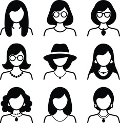 Male and female head silhouettes avatar set. Vector illustration black person portrait head. Anonymous face profile and group icon isolated on white background