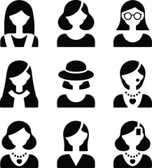 Male and female head silhouettes avatar set. Vector illustration black person portrait head. Anonymous face profile and group icon isolated on white background