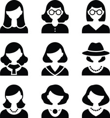 Male and female head silhouettes avatar set. Vector illustration black person portrait head. Anonymous face profile and group icon isolated on white background