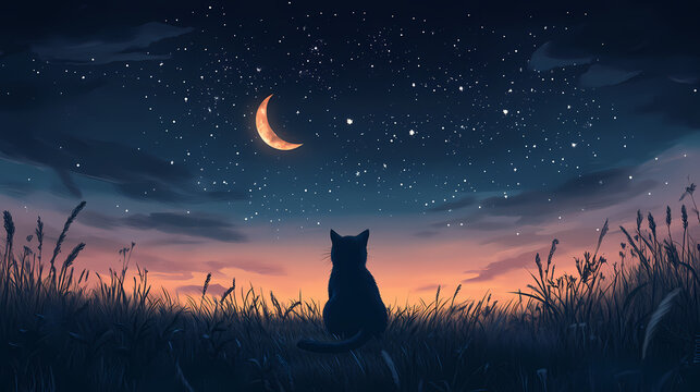 Cat gazing at starry night sky - a solitary cat sits in a field, looking at a starry night sky with a crescent moon, radiating calm and wonder. Crescent. Illustration