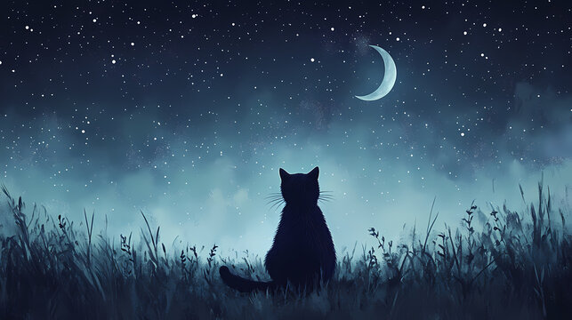Cat gazing at starry night sky - a solitary cat sits in a field, looking at a starry night sky with a crescent moon, radiating calm and wonder. Crescent. Illustration