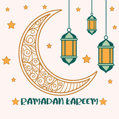 Fototapeta premium Beautiful Ramadan Kareem design featuring a decorative crescent moon silhouette, colorful lanterns, and stars. Perfect for festive Islamic and cultural themes.