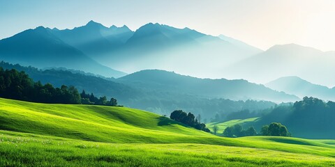 Rolling Hills with Misty Mountains and Green Fields