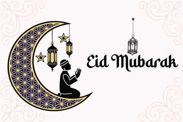 Beautiful Eid Mubarak design featuring a decorative crescent moon with a praying silhouette, lanterns, and stars. Perfect for Islamic celebrations and decor.   © Nisat
