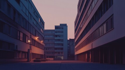 Modern architecture at sunset in urban setting.