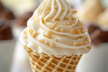 A close-up view of a delicate cone with vanilla ice cream. (Generative AI)