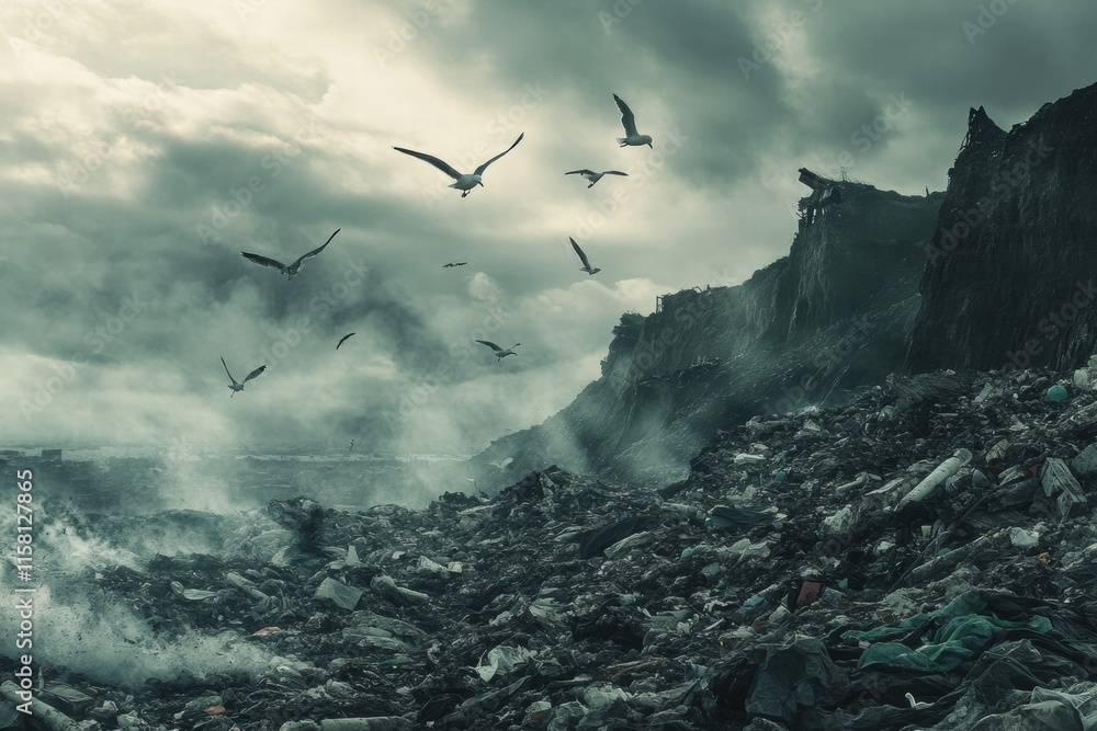 Poster seagulls soar over a vast landfill with clouds gathering in the gray sky highlighting environmental 