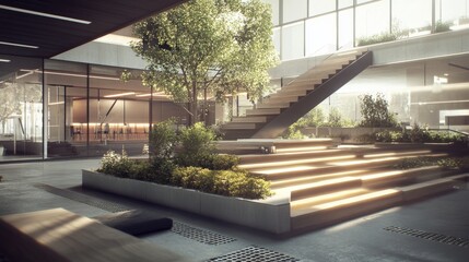 Fototapeta premium Modern indoor space with greenery and staircase.