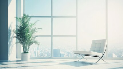 Modern interior with plant and bright sunlight.