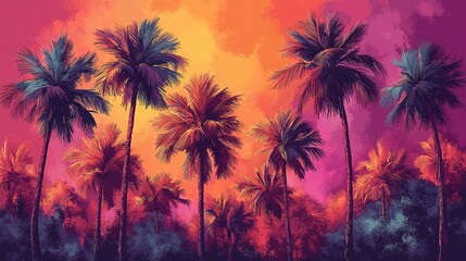 Vibrant Sunset Palm Trees Tropical Paradise Scene