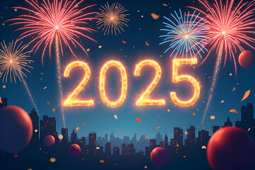 A vibrant image celebrating the arrival of 2025, featuring a sparkling 2025 against a backdrop of a city skyline, fireworks, and confetti.